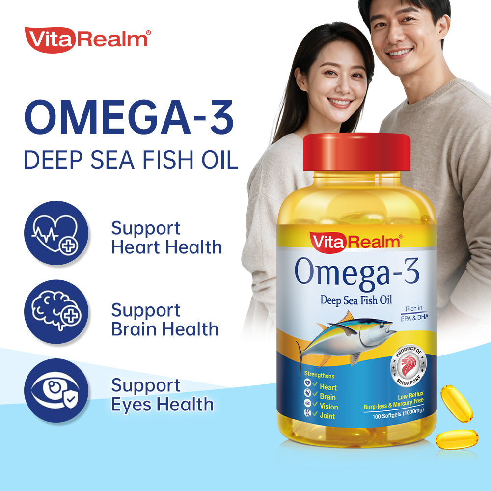 【清真】 | VitaRealm 欧米茄3鱼油 100粒 | 富含 EPA 和 DHA | 维护心脏、眼睛、关节、大脑健康的最佳维生素补充剂