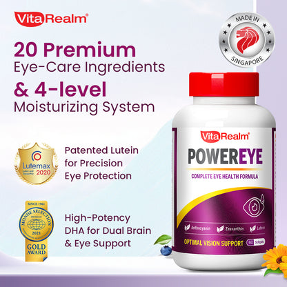 VITAREALM POWEREYE | Patented Lutemax® 2020 Lutein + DHA | Blue Light Protection