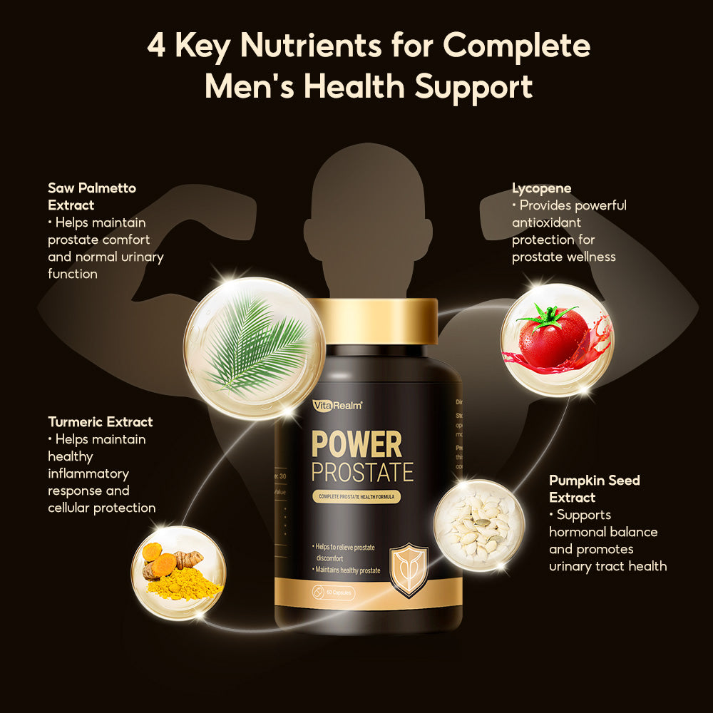 VitaRealm Prostate Support 4-in-1 for Men with 800mg Saw Palmetto, Pumpkin Seed for Urinary Relief, Anti-Inflammation, Hair & Fertility Boost, Prostate Health Supplement No Sugar | 60 Vegan Capsules