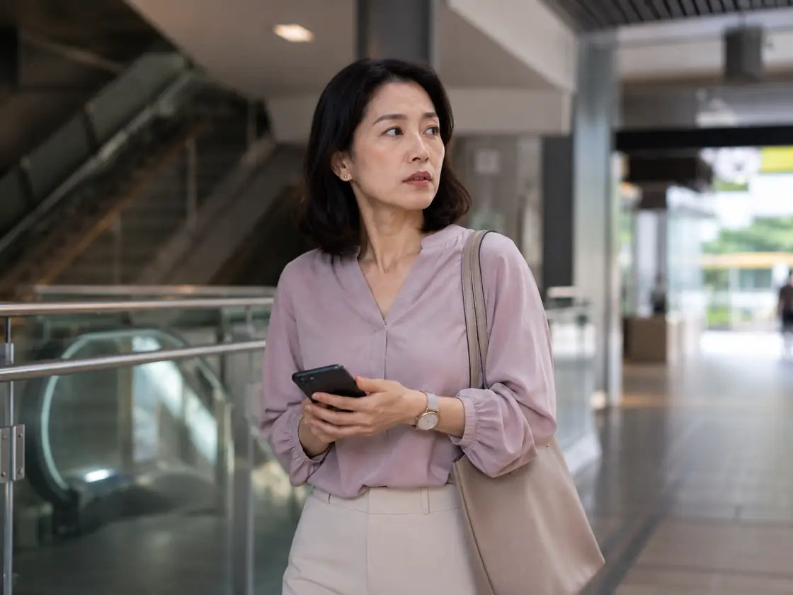 Singaporean woman planning her route in a transit setting