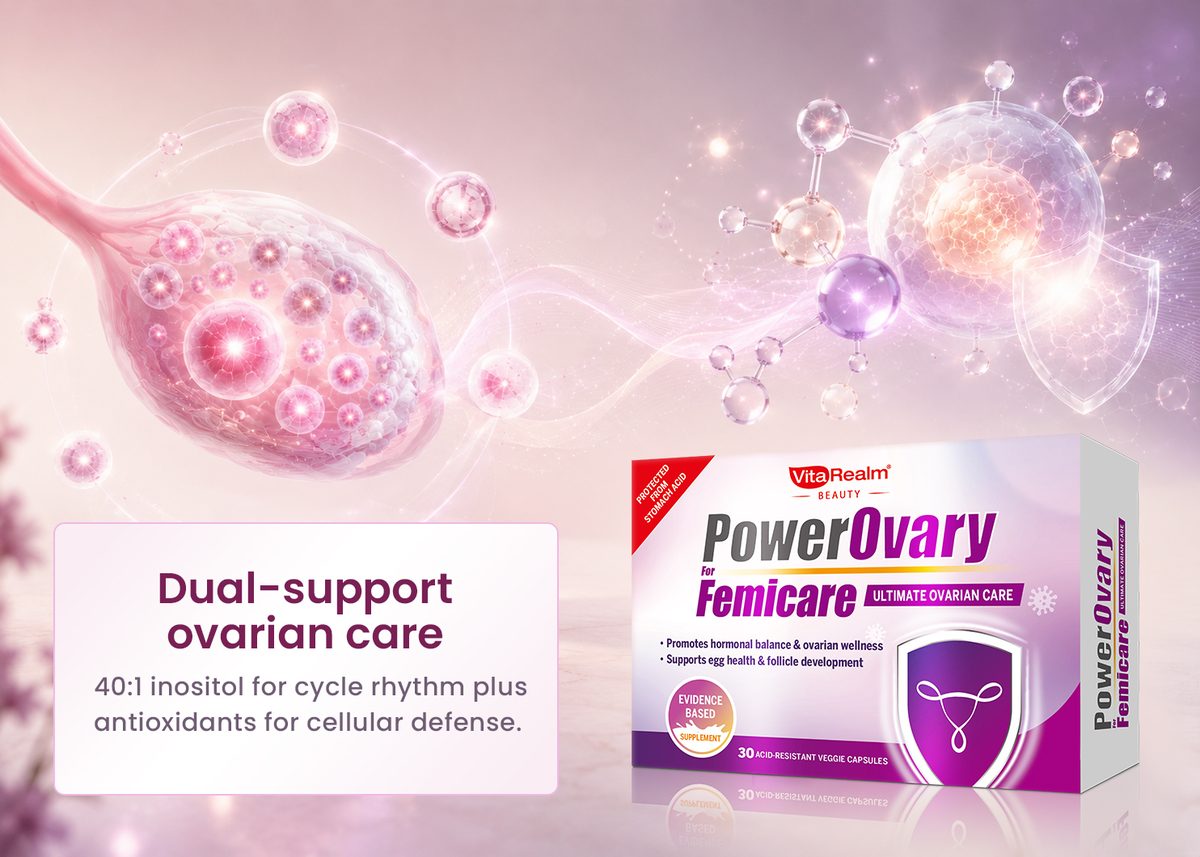 PowerOvary dual-support ovarian care visual with product box