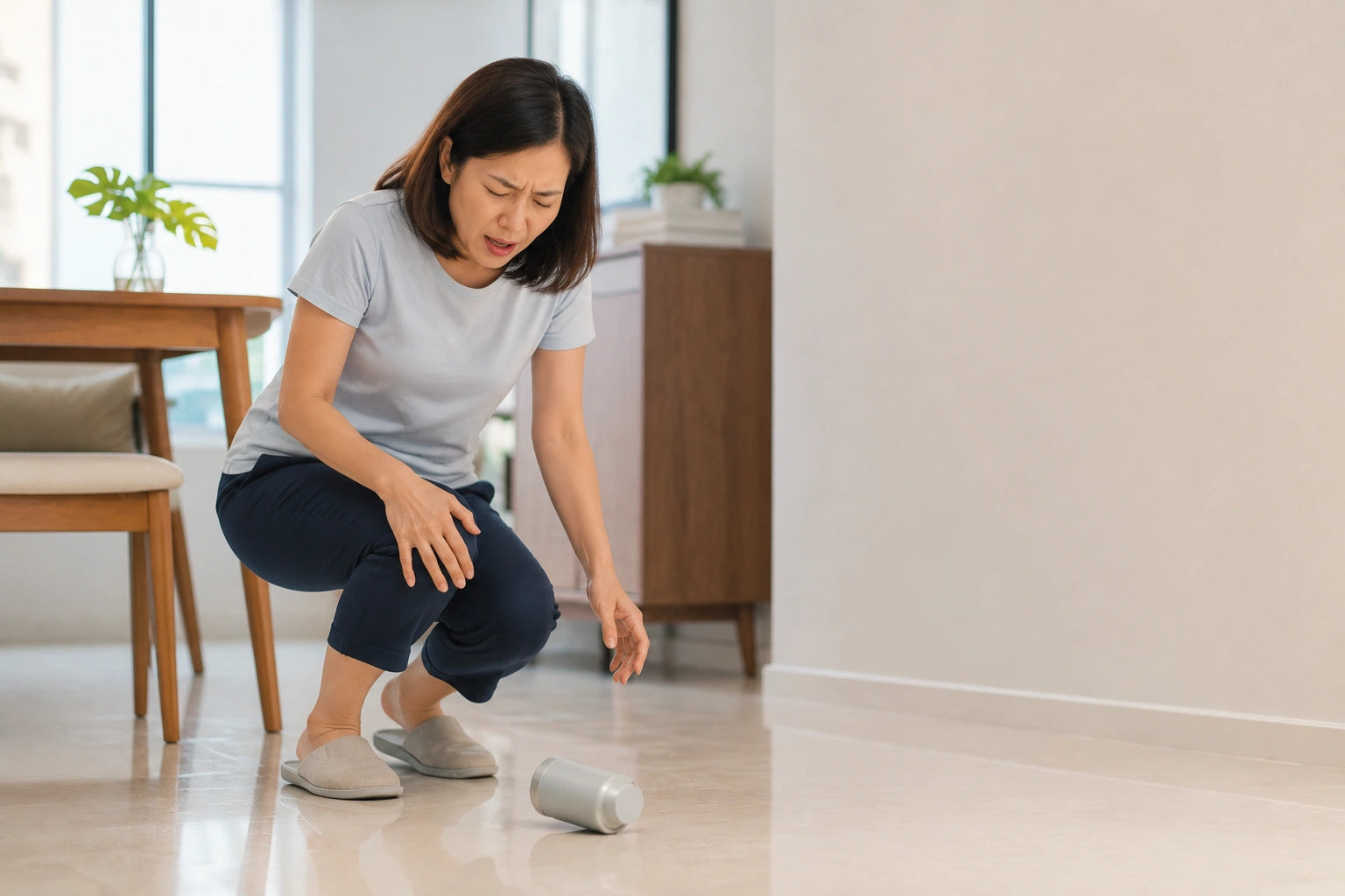 Singaporean woman feeling knee discomfort while squatting