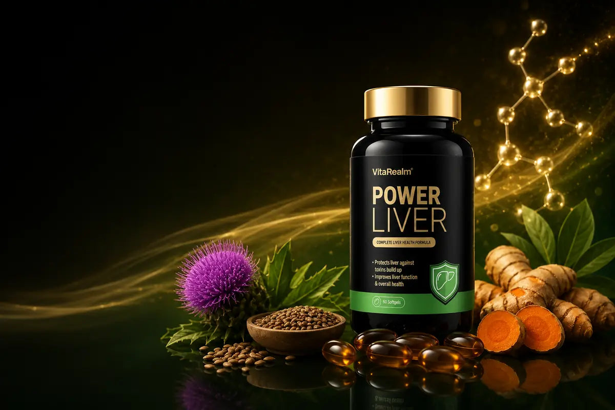 PowerLiver 3-in-1 formula visual with milk thistle turmeric and softgels