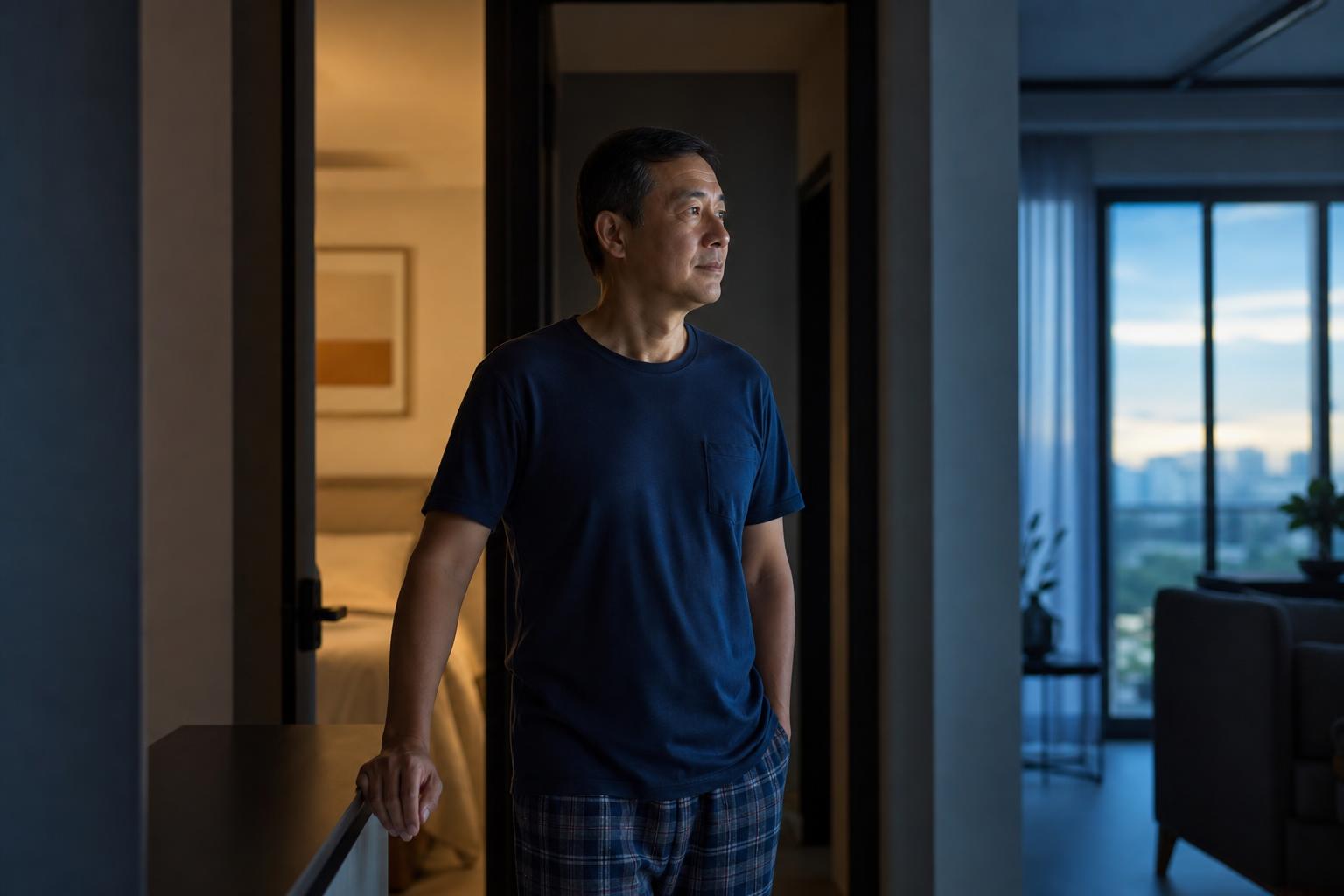 Discreet nighttime comfort scene in a Singapore home