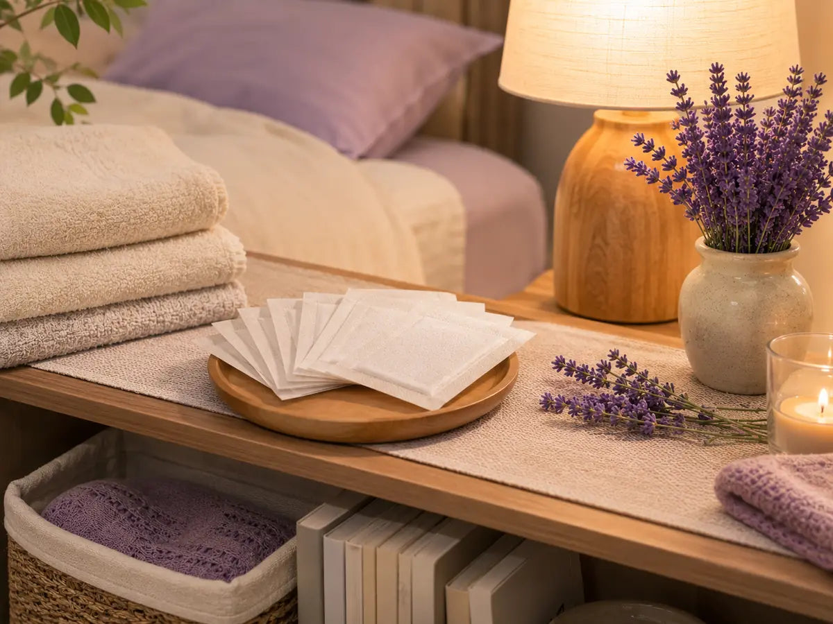 Calm bedside shelf with clean foot patches and lavender