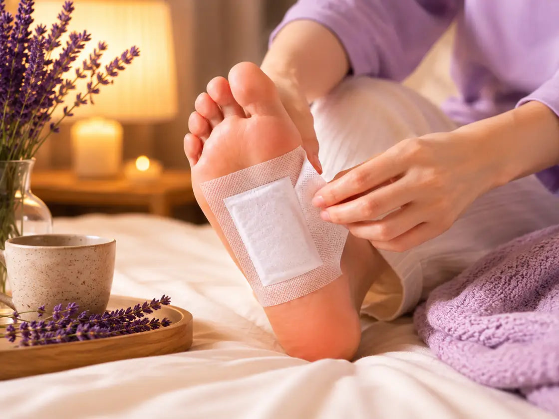 Clean foot patch being applied in a warm bedtime setting