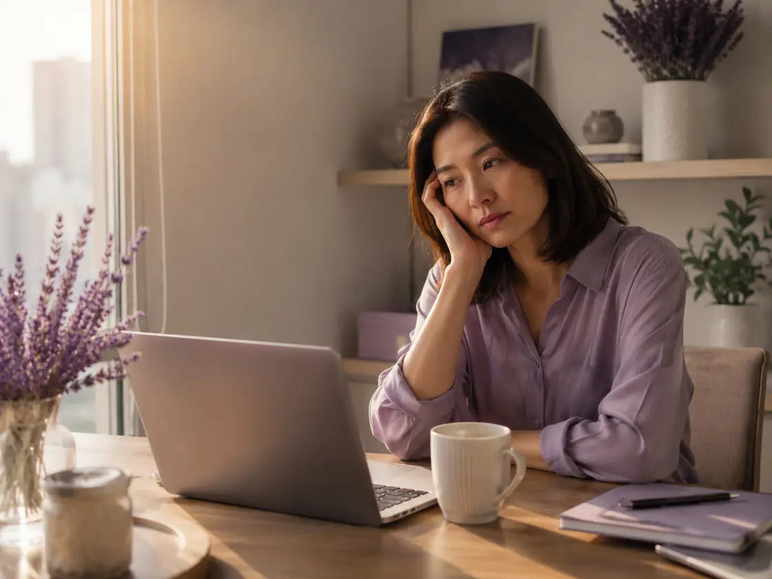 Woman feeling groggy at a morning work desk