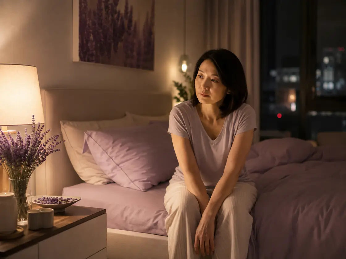 Woman awake at night in a warm lavender bedroom