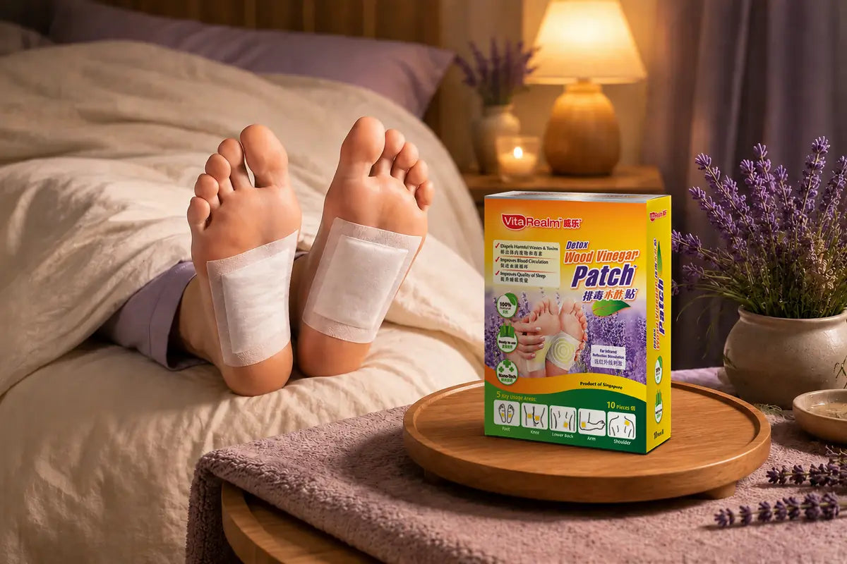 VitaRealm Detox Wood Vinegar Patch on a wooden tray beside foot patches in a warm bedroom