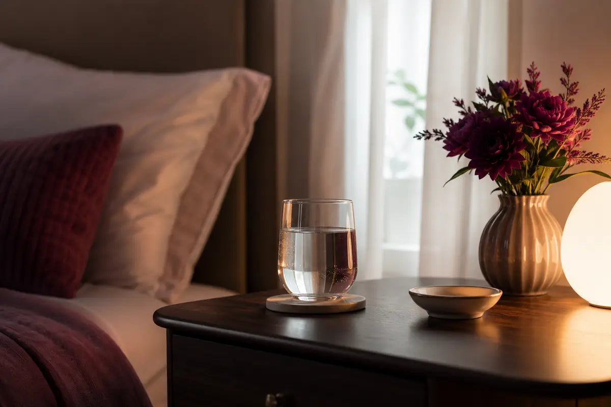 bedside routine scene with water and warm light