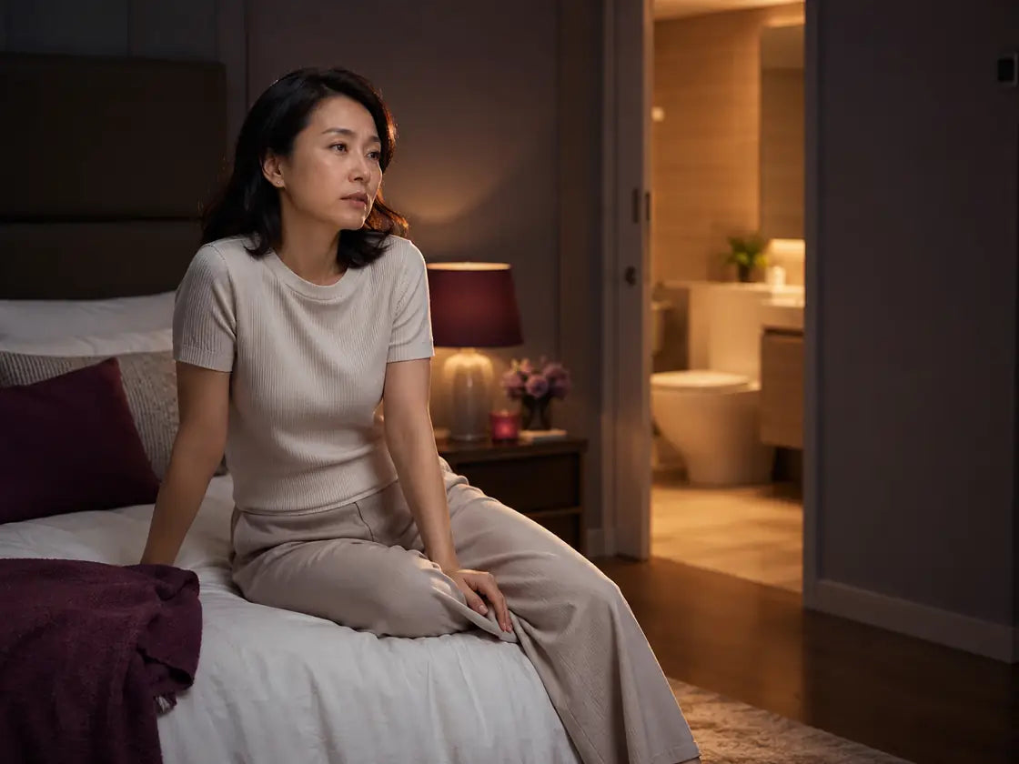 Singaporean woman awake at night with bathroom light in background