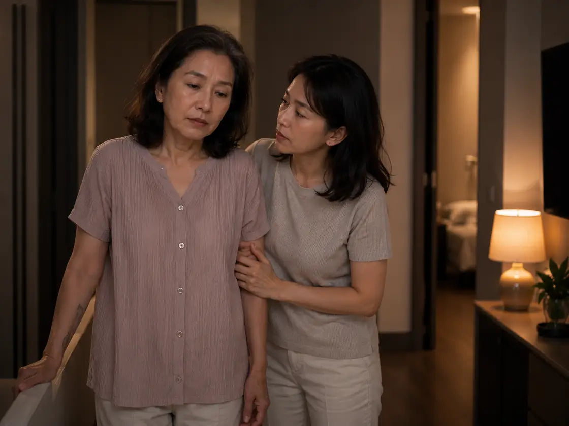 Singaporean daughter supporting her mother at night