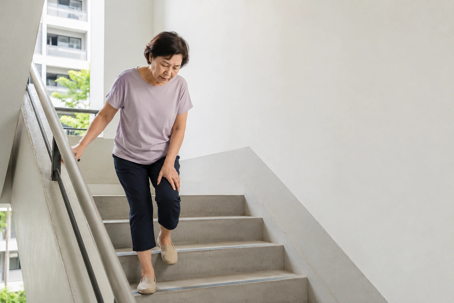 Singaporean woman pausing on stairs with knee discomfort