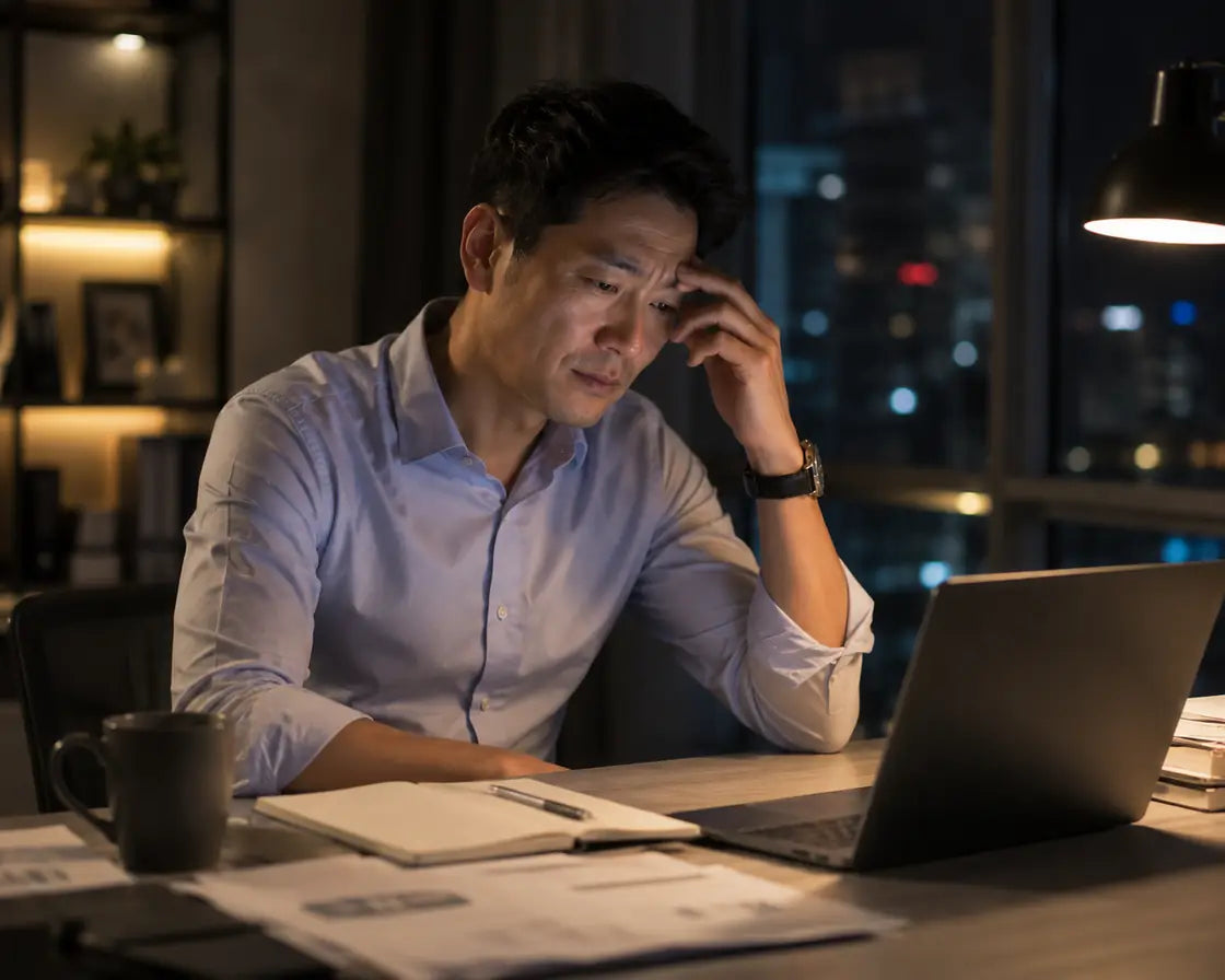 Singapore Chinese man working late and feeling tired