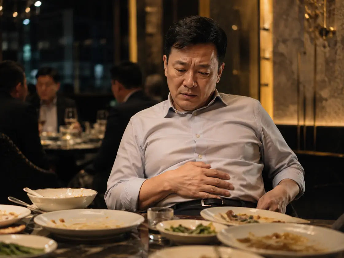 Singapore Chinese man feeling bloated after heavy meal