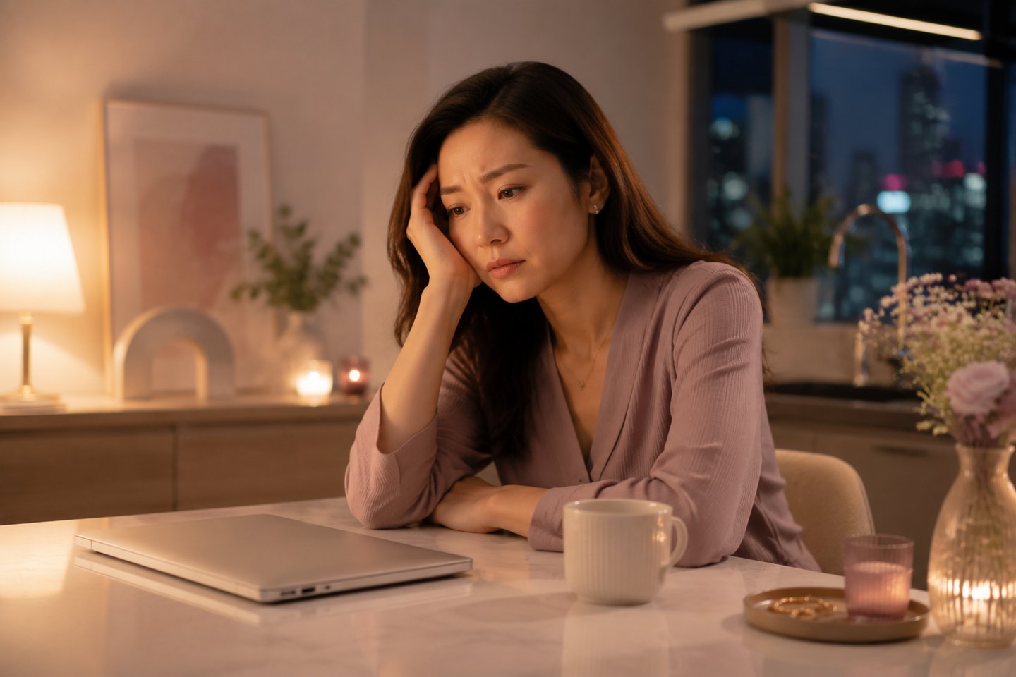 Singapore Chinese professional woman tired late at night and concerned about ovarian wellness